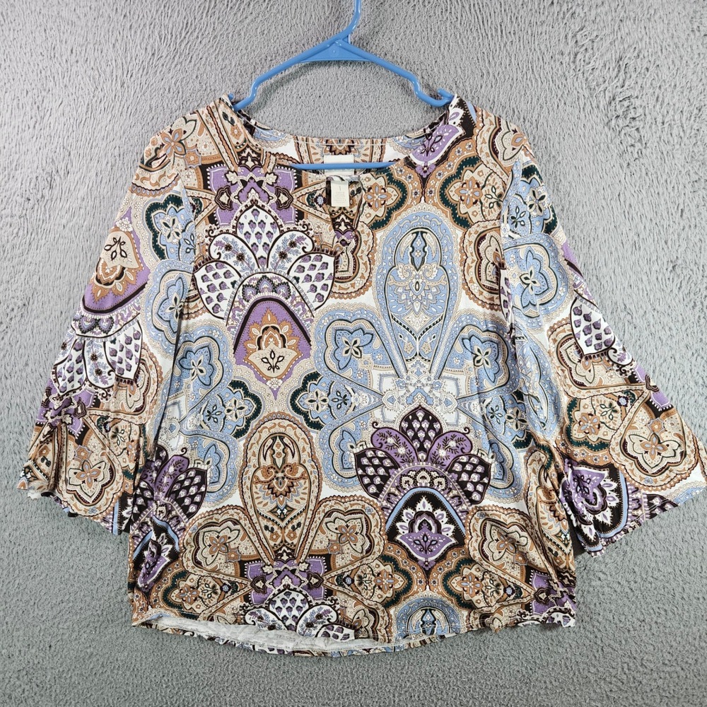Chicos Size 1 Paisley Print 3/4 Sleeve Blouse Top Women's